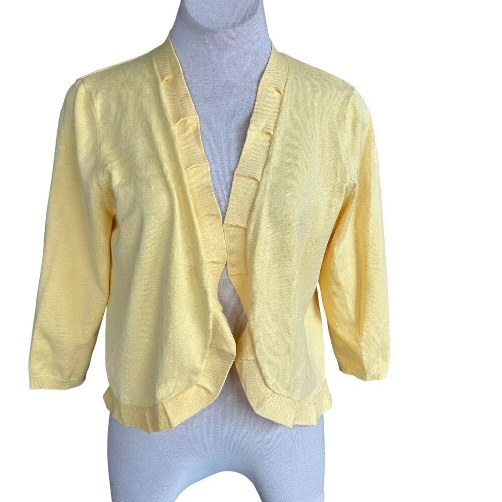 89th and Madison Yellow Pleated Trim Open Drape Cardigan Sweater Size M